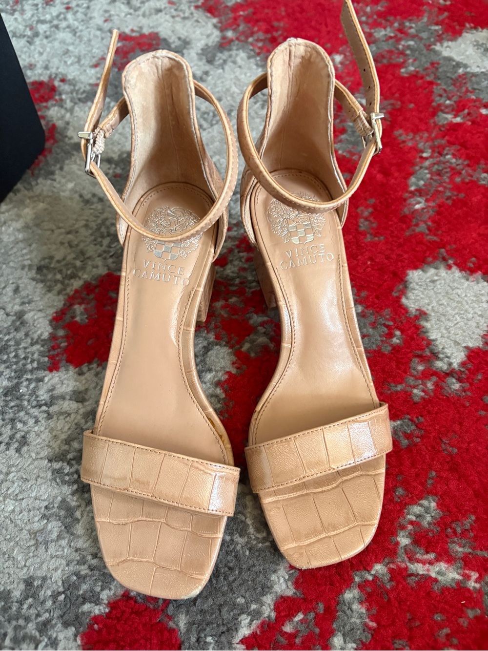 Vince Camuto Tan Croc-Embossed Ankle Strap Heels